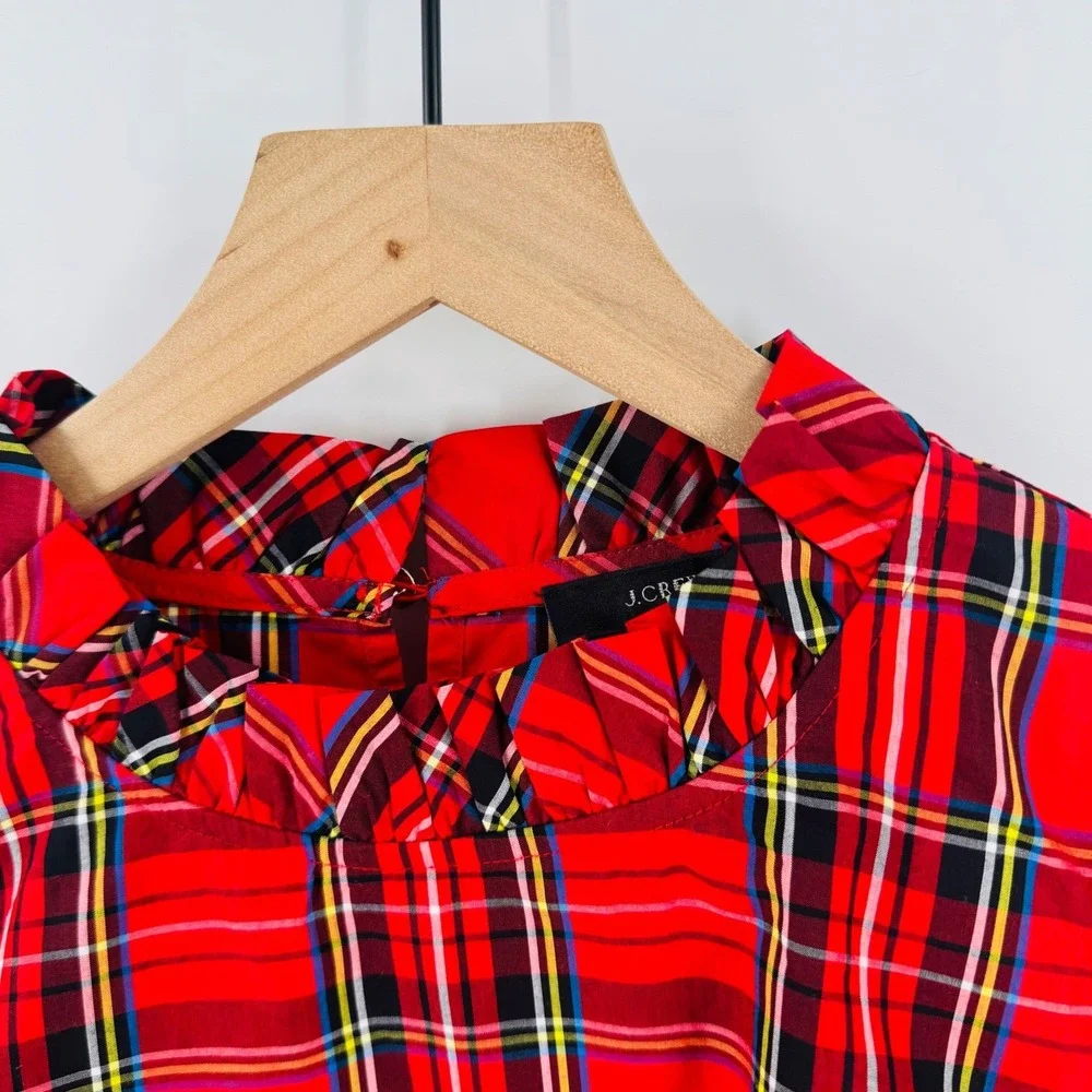 J. Crew Red Tartan Plaid Ruffle Neck Long Sleeve Blouse Size M‎ Preppy Holiday